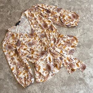 Fifty Street Small Cream and Brown Floral Women's Blouse Front Tie